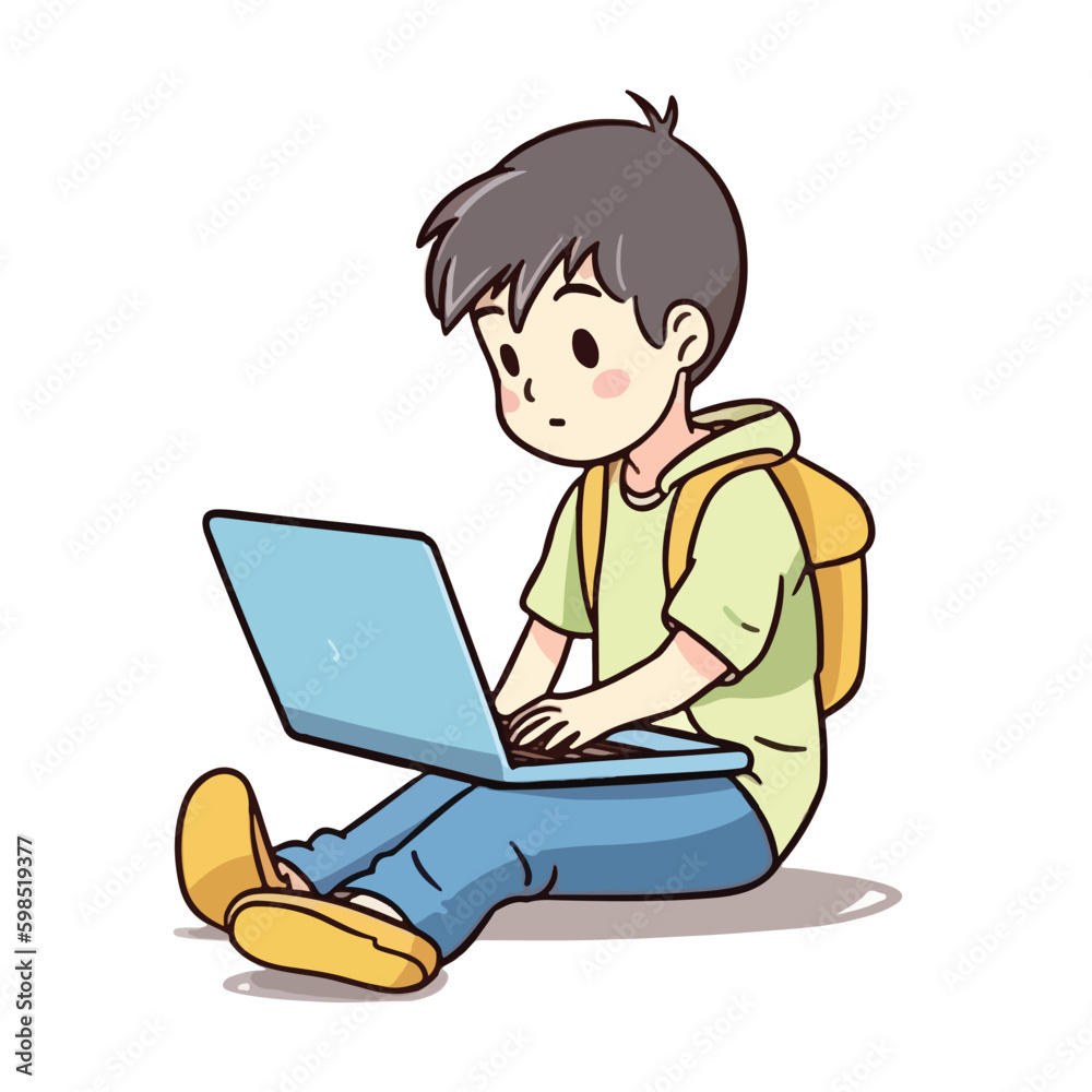 Cute little boy working and studying using laptop cartoon flat character vector illustration Cute little boy working and studying using laptop cartoon flat character vector illustration