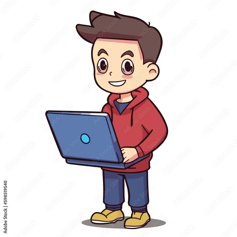 Cute little boy working and studying using laptop cartoon flat character vector illustration