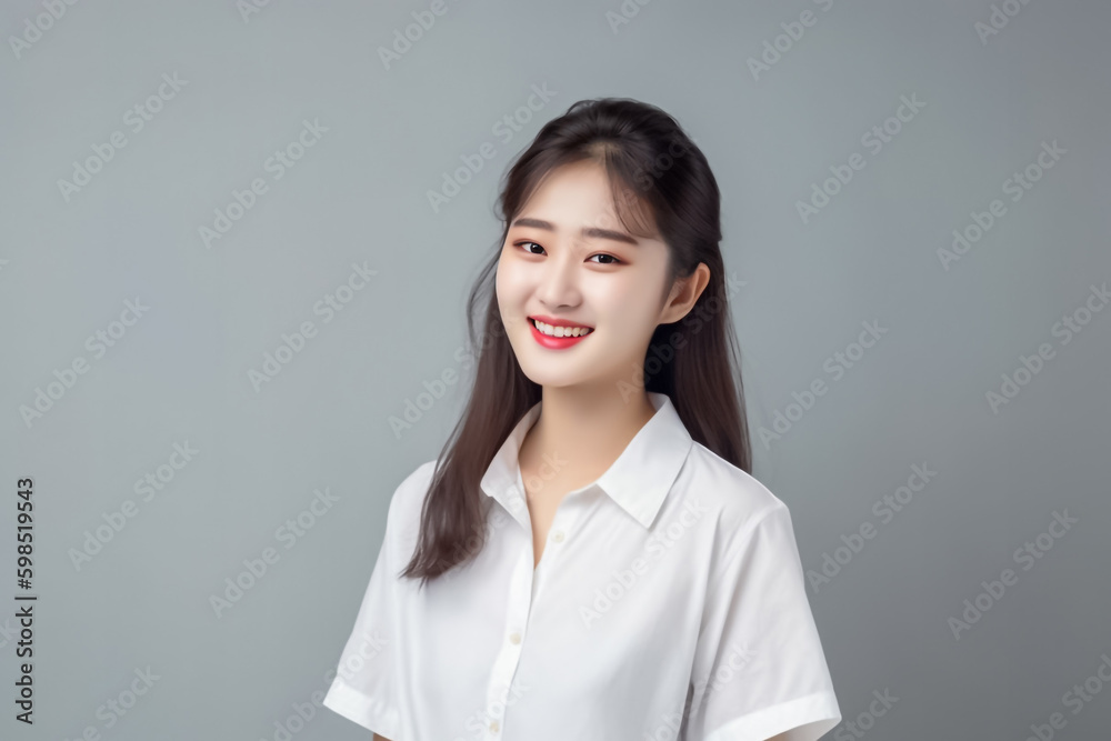 Smart Casual Office Shirt uniform Girl Teenager - Adult stands in front of White Background. generative AI Smart Casual Office Shirt uniform Girl Teenager - Adult stands in front of White Background. generative AI
