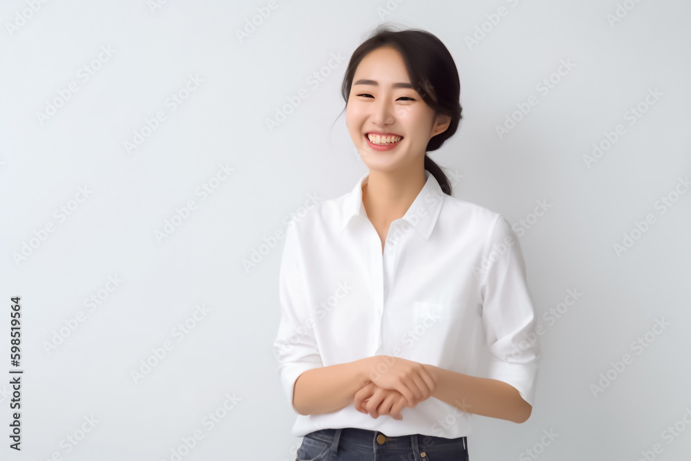 Smart Casual Office Shirt uniform Girl Teenager - Adult stands in front of White Background. generative AI Smart Casual Office Shirt uniform Girl Teenager - Adult stands in front of White Background. generative AI