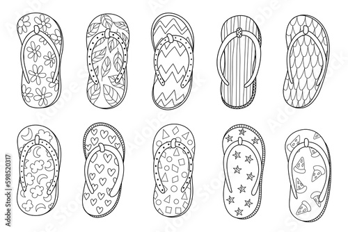 Doodle flip flops set in black and white for coloring page. Summer slippers outline collection. Vector illustration