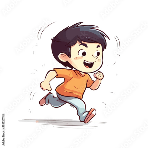 Cute little boy run and happy cartoon flat character vector illustration