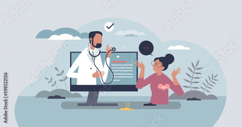 Telemedicine as distant medical service for diagnostics tiny person concept. Patient health care support with digital online aid vector illustration. Using technology for doctor checkup Generative AI