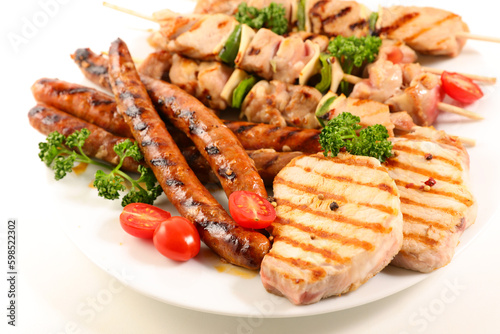 grilled meats- barbecue- pork meat, skewer, sausage