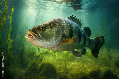 Predatory fish Largemouth bass in habitat under water looking for prey, generative AI