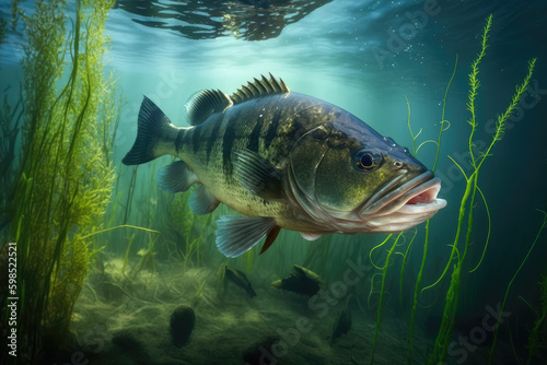 Predatory fish Largemouth bass in habitat under water looking for prey, generative AI