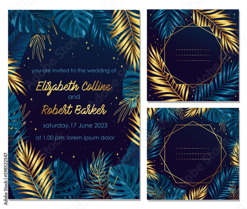Frames with blue and gold tropical leaves for wedding cards. Stars background. Collection of vector templates.