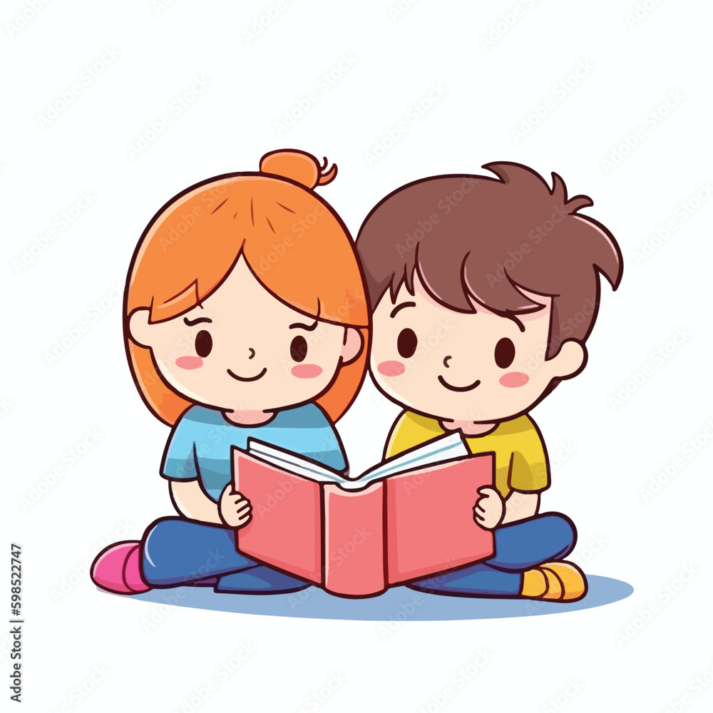 Cute little smart girl and boy sitting and reading book together cartoon flat character vector illustration Cute little smart girl and boy sitting and reading book together cartoon flat character vector illustration