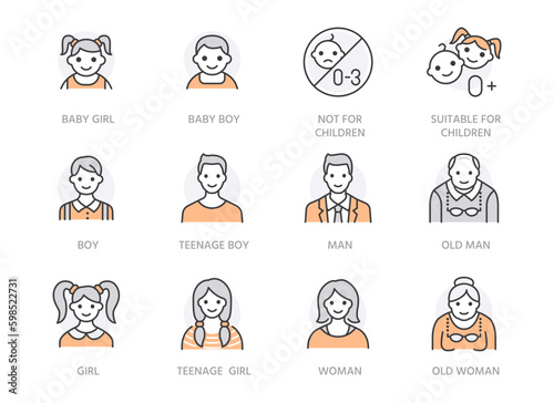 People age flat line icons set. Growth stage - baby boy, teenage girl, young woman, old man vector illustrations. Outline signs for family avatar, toy label. Orange color. Editable Stroke