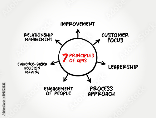 7 principles of Quality Management System is a collection of business processes focused on consistently meeting customer requirements, mind map concept background