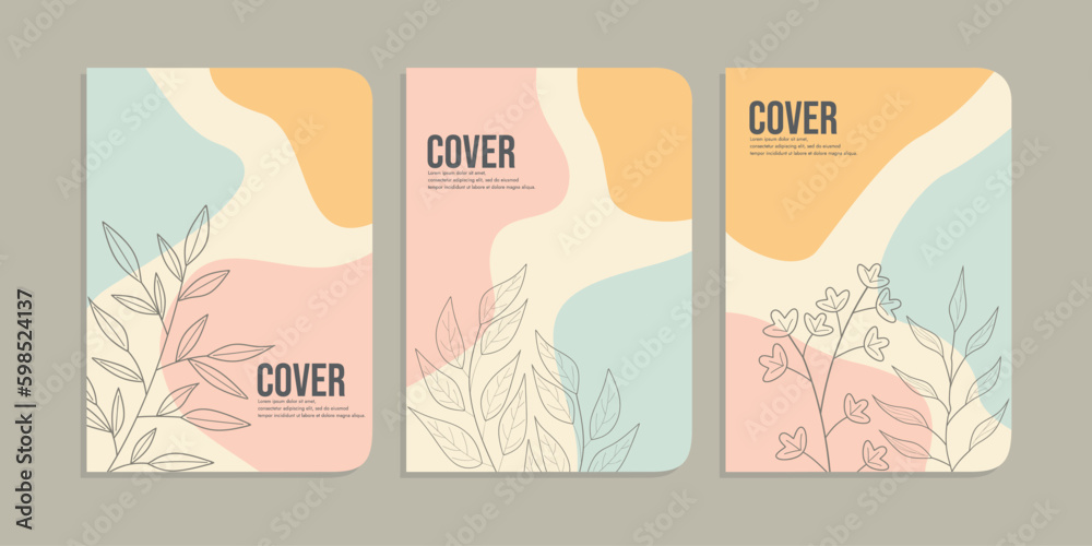 set of book cover design with simple hand drawn floral decorations. abstract retro botanical background.size A4 For notebook, cover, book, planner, school, brochure, book, catalog
