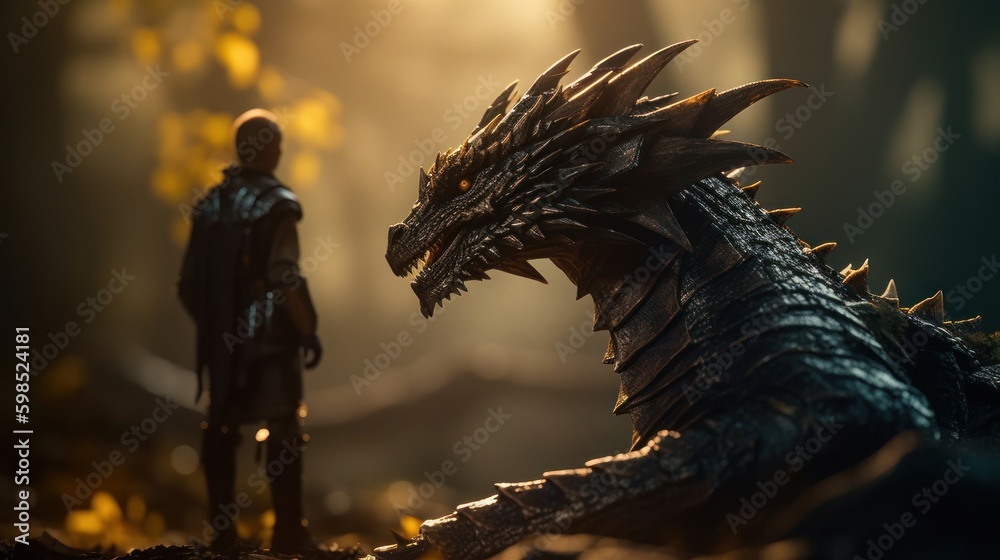 Fantasy scene with a dragon in the forest. Selective focus. Generative AI illustration Fantasy scene with a dragon in the forest. Selective focus. Generative AI illustration
