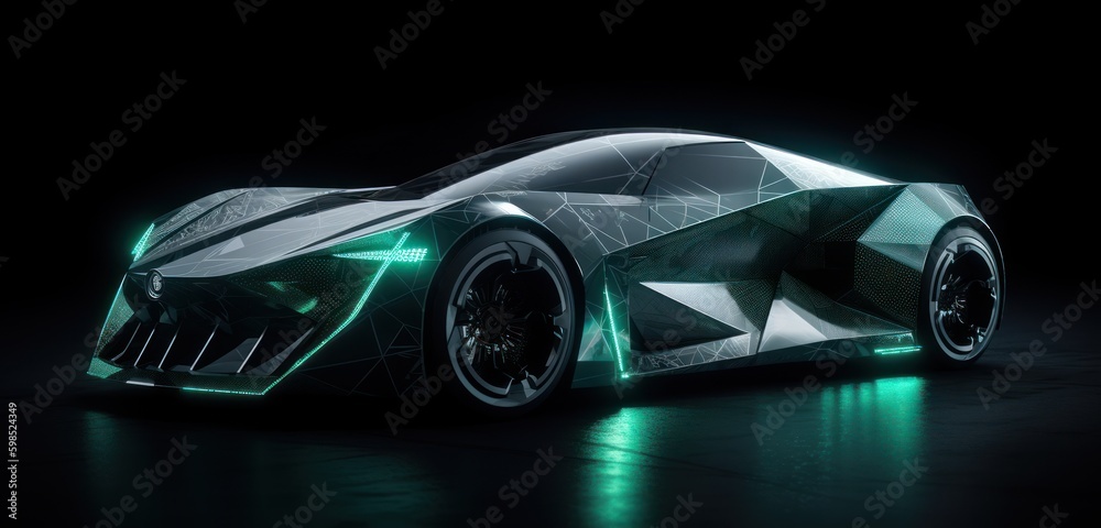 Generative AI illustration of a brand-less generic concept car in black studio environment Generative AI illustration of a brand-less generic concept car in black studio environment