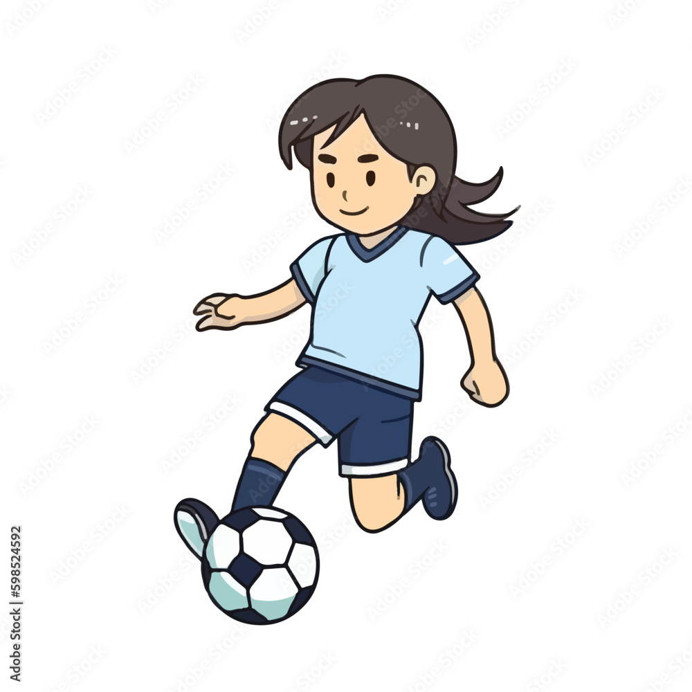 Cute happy little girl playing football soccer cartoon flat character vector illustration Stock