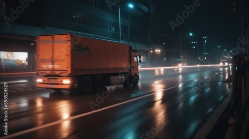 truck on the road with motion blur in the city at night, Generative AI