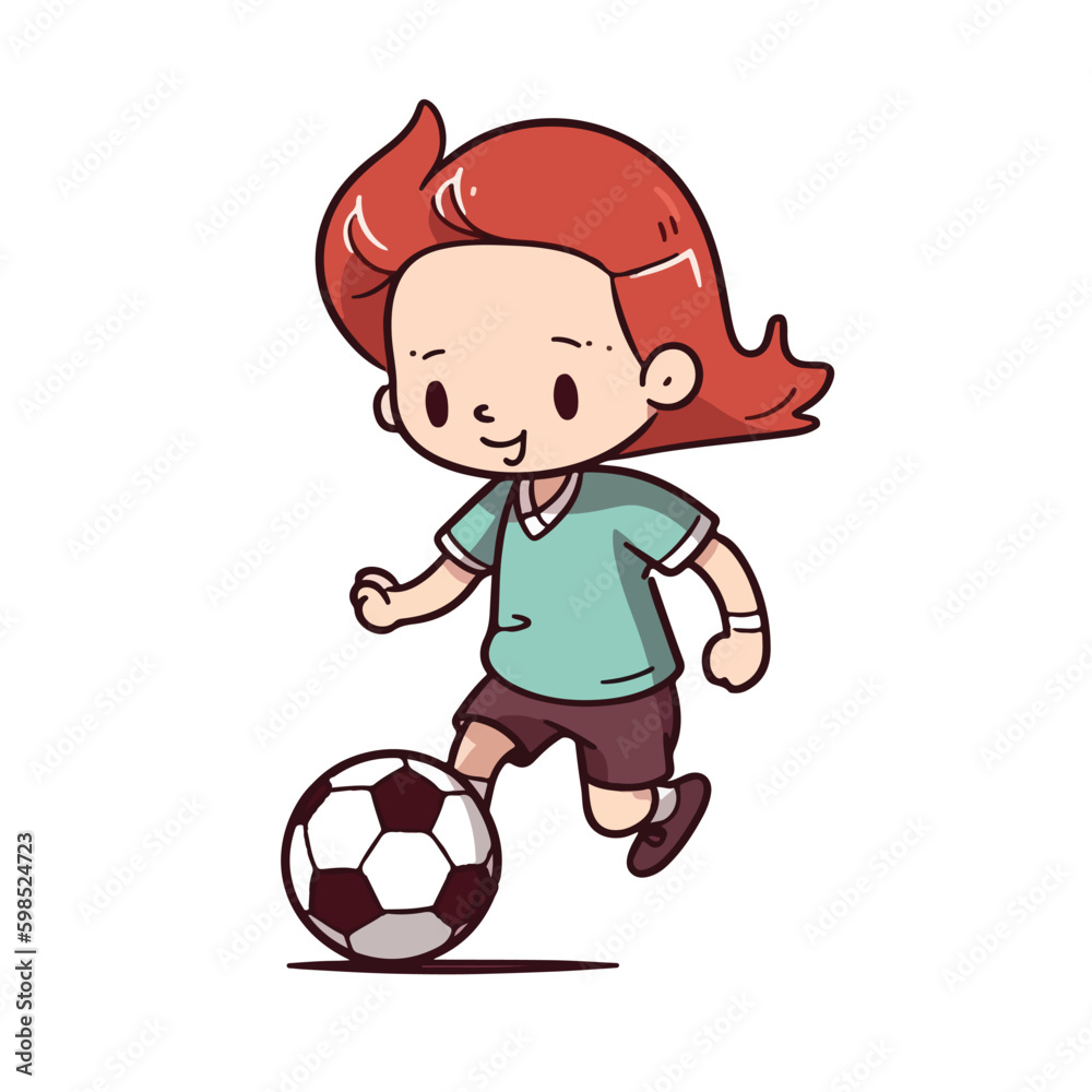 Cute happy little girl playing football soccer cartoon flat character vector illustration Cute happy little girl playing football soccer cartoon flat character vector illustration