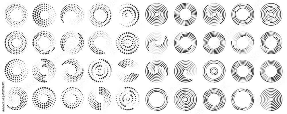 Round halftone frame. Dotted circle, vintage abstract dot halftones frames and random dots circles. Spiral Vector Illustration. 