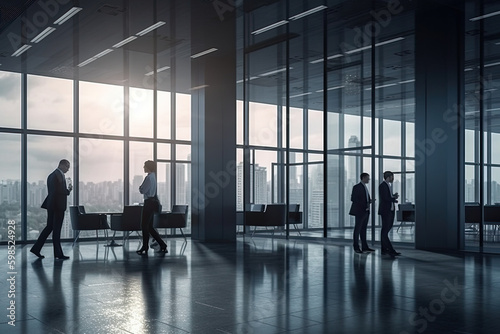 business people discussing business in the office view from outside the building 