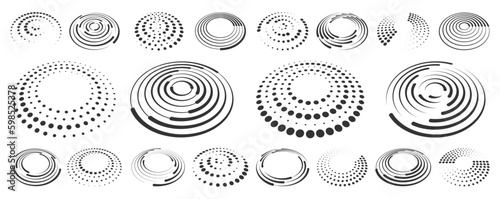 Circle dotted speed lines. Abstract round halftone circle frames, rotating dotted circle shapes. Big collection of round Logos.