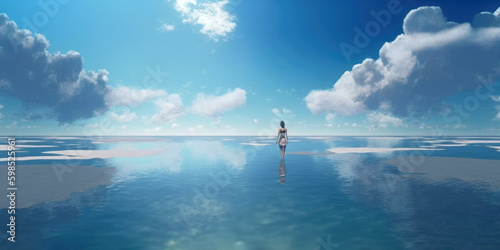Serenity at the Shoreline: A Woman's Retreat in the Clear Blue Waters of an Idyllic Beach on a Sunny Day with White Clouds. Generative Ai photo