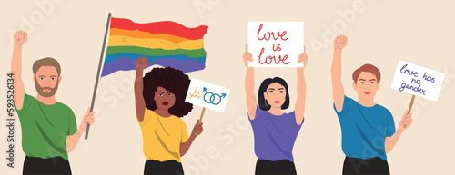 Gay parade. Interracial group of gay, lesbian, transgender activists participating in LGBTQ pride. Support for sexual minorities. Vector flat modern style illustration. Pride month concept.