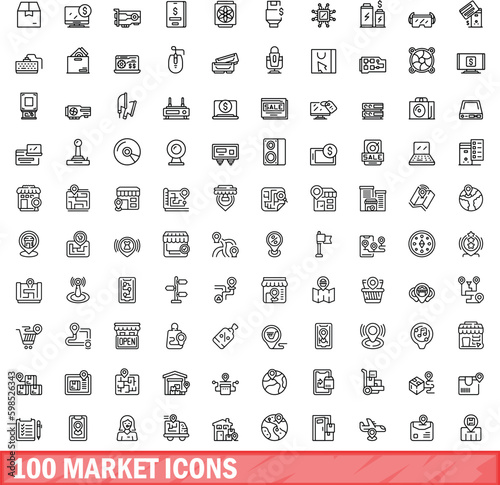 100 market icons set. Outline illustration of 100 market icons vector set isolated on white background