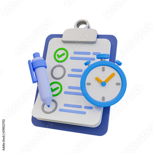 3d minimal fast working. having a quick job done. job deadline concept. clipboard with a stopwatch. transparent background. 3d illustration.