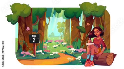 Teen girl write diary in deep forest background. Woman teenager character holding journal in park near tree vector illustration. Student learning homework outdoor. Grass, butterfly and spring scenery.