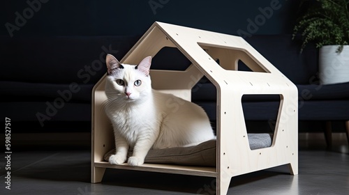 Modern minimalist, cute small cat house made of refined wood, Generative AI photo