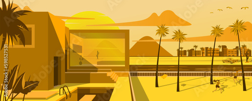 Sunset in Sahara desert landscape. Desert sunset with pyramid and palms on yellow background. Flat cartoon style. Sandy cityscape in Africa. Banner with Arabic design buildings. Vector Generative AI