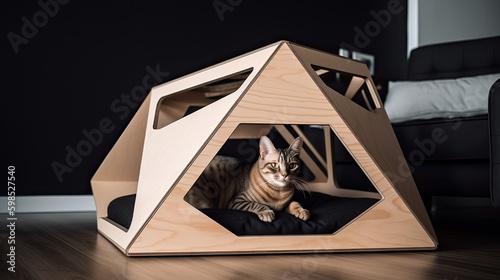 Modern minimalist, cute small cat house made of refined wood, Generative AI photo