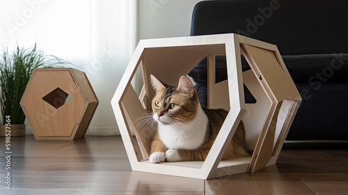 Modern minimalist, cute small cat house made of refined wood, Generative AI photo