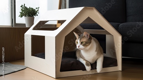 Modern minimalist small cat house made of refined wood, Generative AI photo