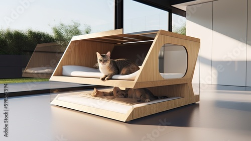 Modern minimalist small cat house made of refined wood, Generative AI photo