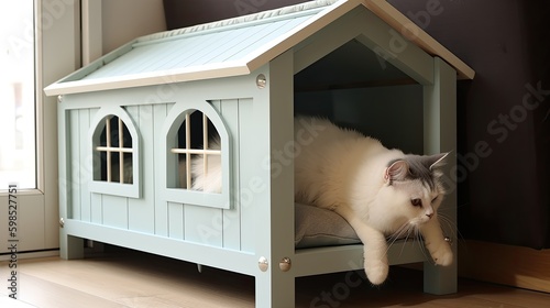 Modern minimalist small cat house made of refined wood, Generative AI photo