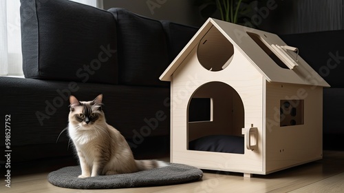 Modern minimalist small cat house made of refined wood, Generative AI photo