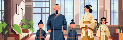 asian parents with little children in traditional clothes standing in living room happy family parenthood concept