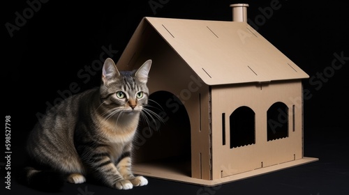 Modern minimalist small cat house made of refined wood, Generative AI photo