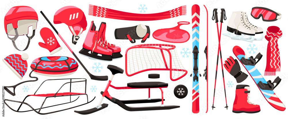 Set of winter sport equipment for outdoor activity. Sports wear flat icons for skiing, snowboarding, skating. Elements for winter holidays and weekend vacation skis, skates, sled. Vector Generative AI Set of winter sport equipment for outdoor activity. Sports wear flat icons for skiing, snowboarding, skating. Elements for winter holidays and weekend vacation skis, skates, sled. Vector Generative AI