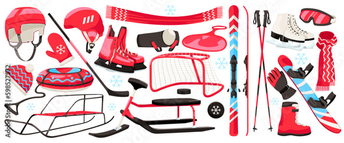 Set of winter sport equipment for outdoor activity. Sports wear flat icons for skiing, snowboarding, skating. Elements for winter holidays and weekend vacation skis, skates, sled. Vector Generative AI
