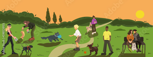 People walking with dogs in summer forrest park. Recreation area with beautiful sunset. Beautiful natural green landscape. Relaxed people enjoying recreational outdoor activities. Vector Generative AI