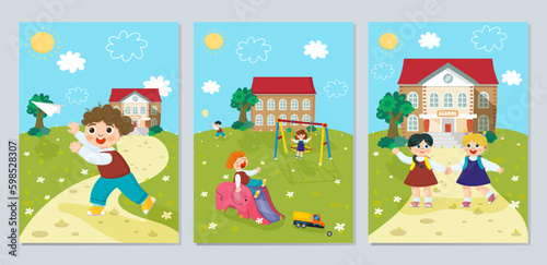 Happy children play in playground. Friends walking together during a sunny day near school. Girl slides in recreation park. Kids zone. Place for games. Funny cartoon characters. Vector Generative AI