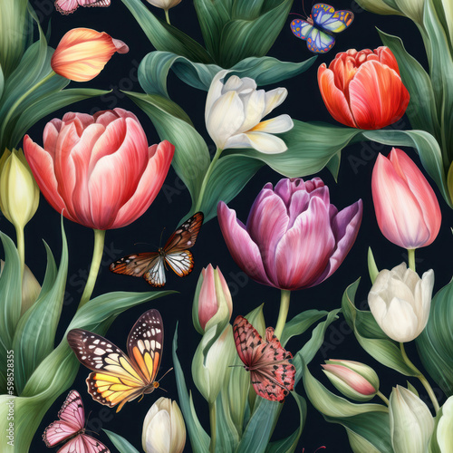 Watercolor Tulips Seamless Pattern  Digital Papers  Generative AI