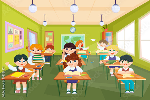 Happy pupils study on the lesson. Classroom in elementary school. Geography lesson with map on the wall. Clever kids characters on education. Back to school concept poster. Cartoon Generative AI
