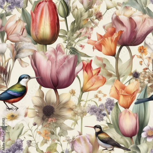 Watercolor Tulips Seamless Pattern, Digital Papers, Generative AI