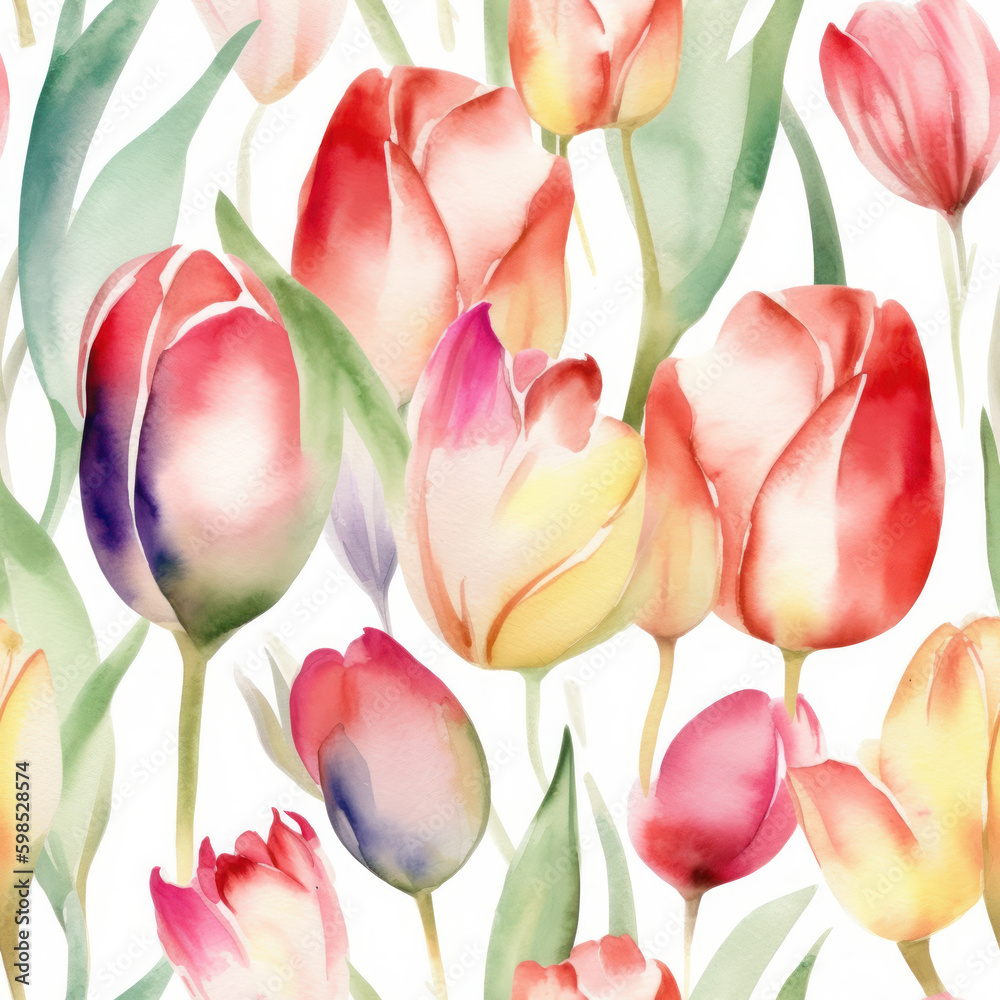 Fototapeta premium Watercolor Tulips Seamless Pattern, Digital Papers, Generative AI