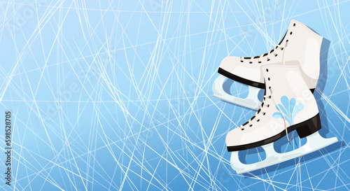 Winter figure skates on a blue ice rink background. White boots with blades for seasonal sport. Female dancing on ice event banner. Poster for weekend competitions. Show time flyer Generative AI