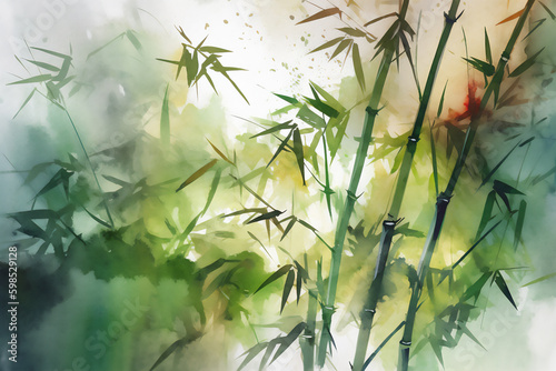 Generative AI illustration of a watercolor bamboo painting background © JoseLuis