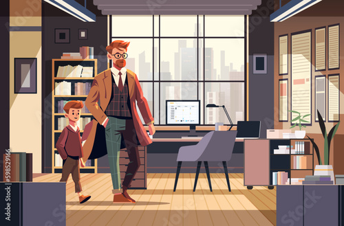 businessman with little son standing in office or home cabinet with furniture for corporate or freelance work