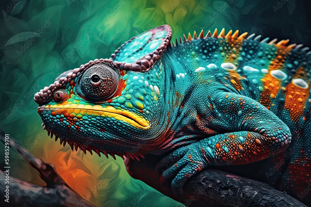 Portrait of Incredibly cute colorful chameleon lizard. Exotic wild lizard or reptile. Generative AI